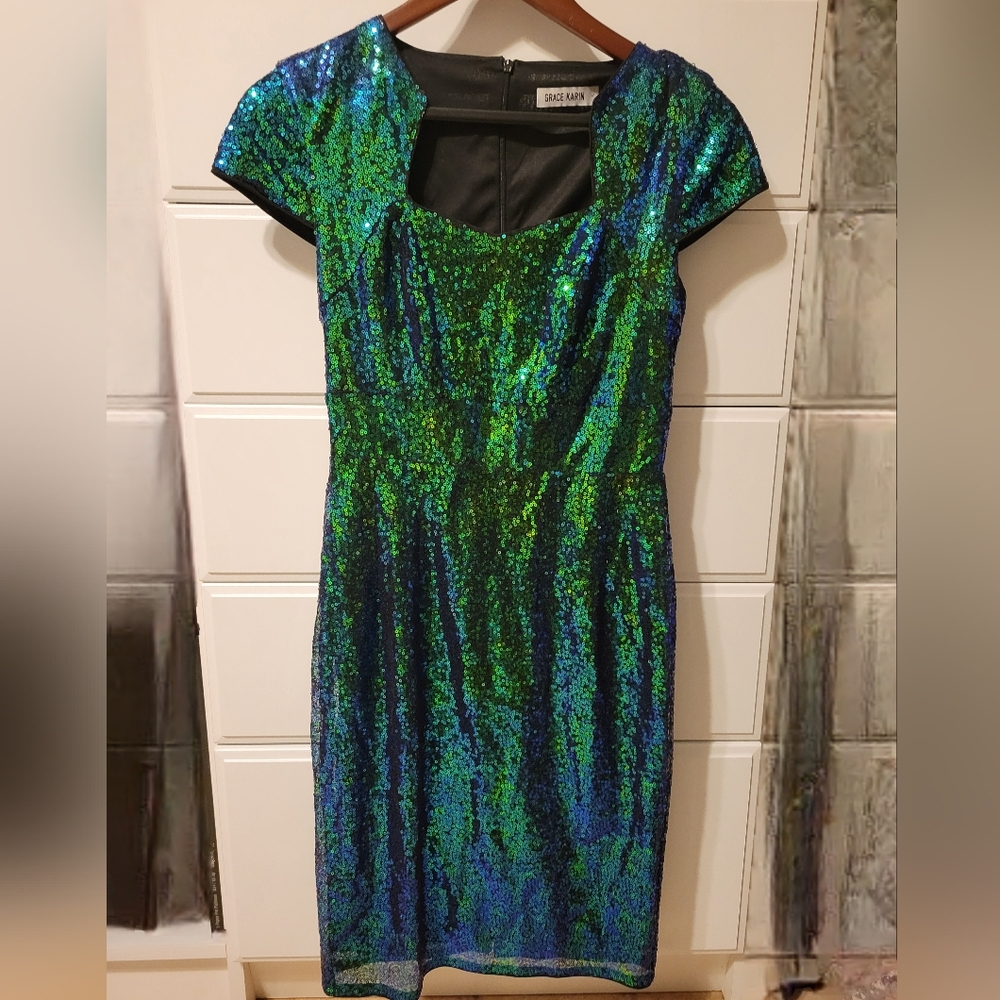 Grace Karin Green and Blue Sequin Mini Dress